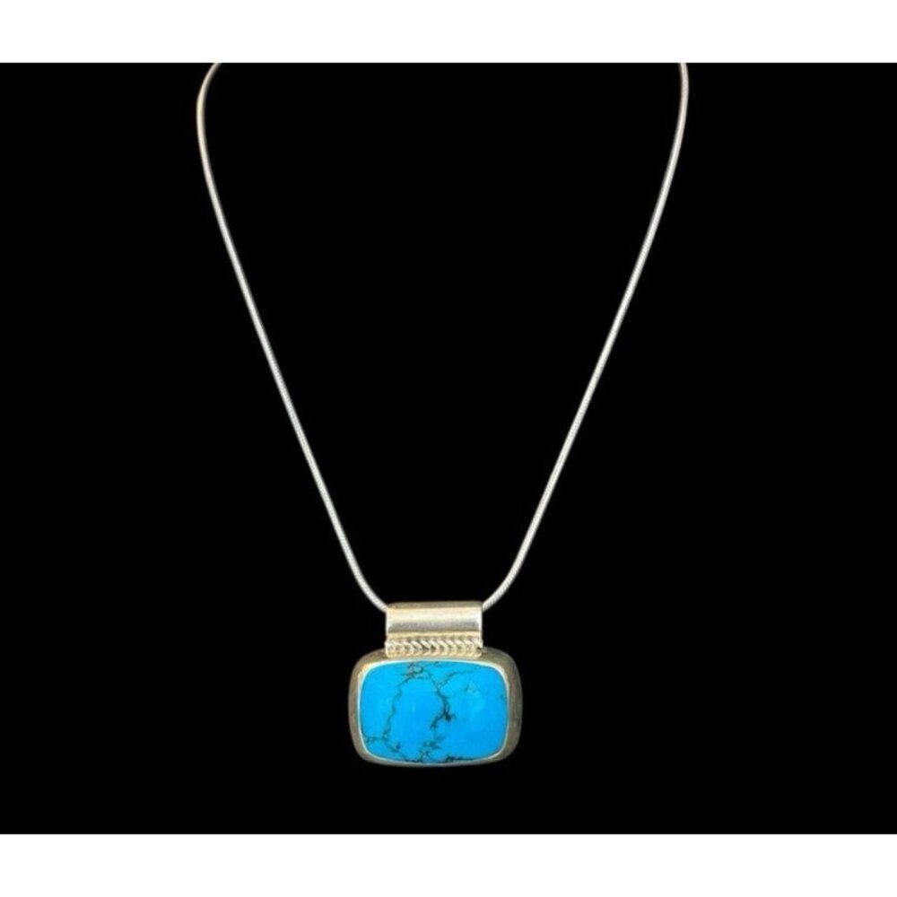 Taxco Mexico Sterling Silver Rectangangle Turquoise Pendant 16" Necklace 27.79